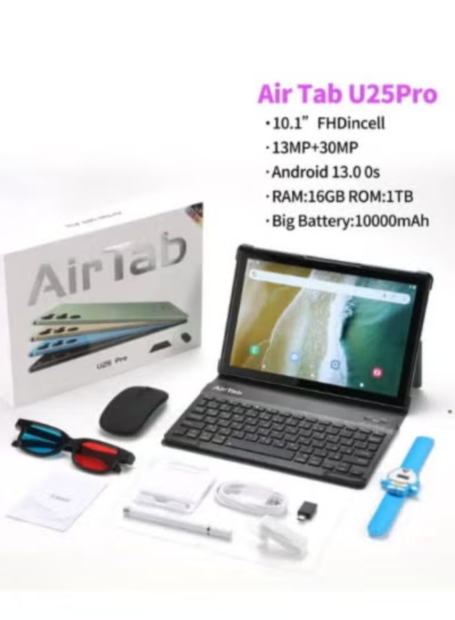 AIR TAB U25 Pro 10.1-Inch FHD Android 15 Tablet with Arabic Keyboard, 16GB RAM, 1TB Storage, 10000mAh Battery, Dual Camera, Slim Lightweight Gold Design for Study, Work & Entertainment